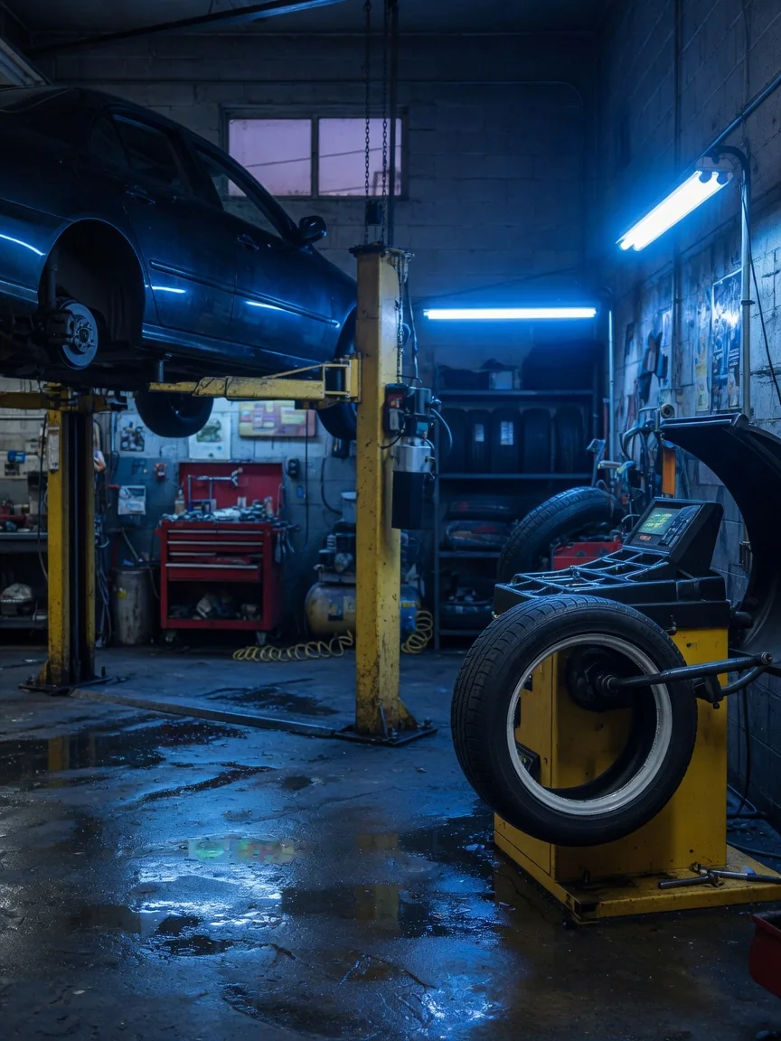 Tire being balanced beside a car on a lift in a blue-lit garage bay