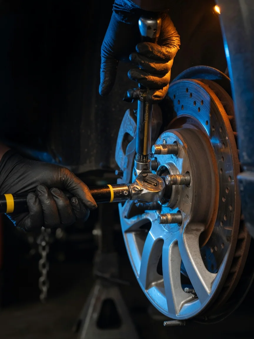 Mechanic torquing lug nuts on a wheel hub